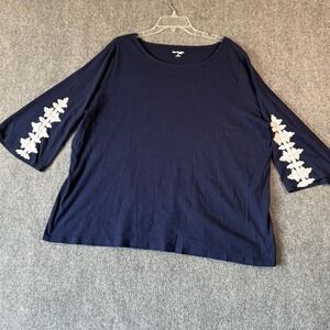 Kim‎ Rogers Curvy 2X Navy Blue Embellished Sleeve 3/4 Sleeve Top Women